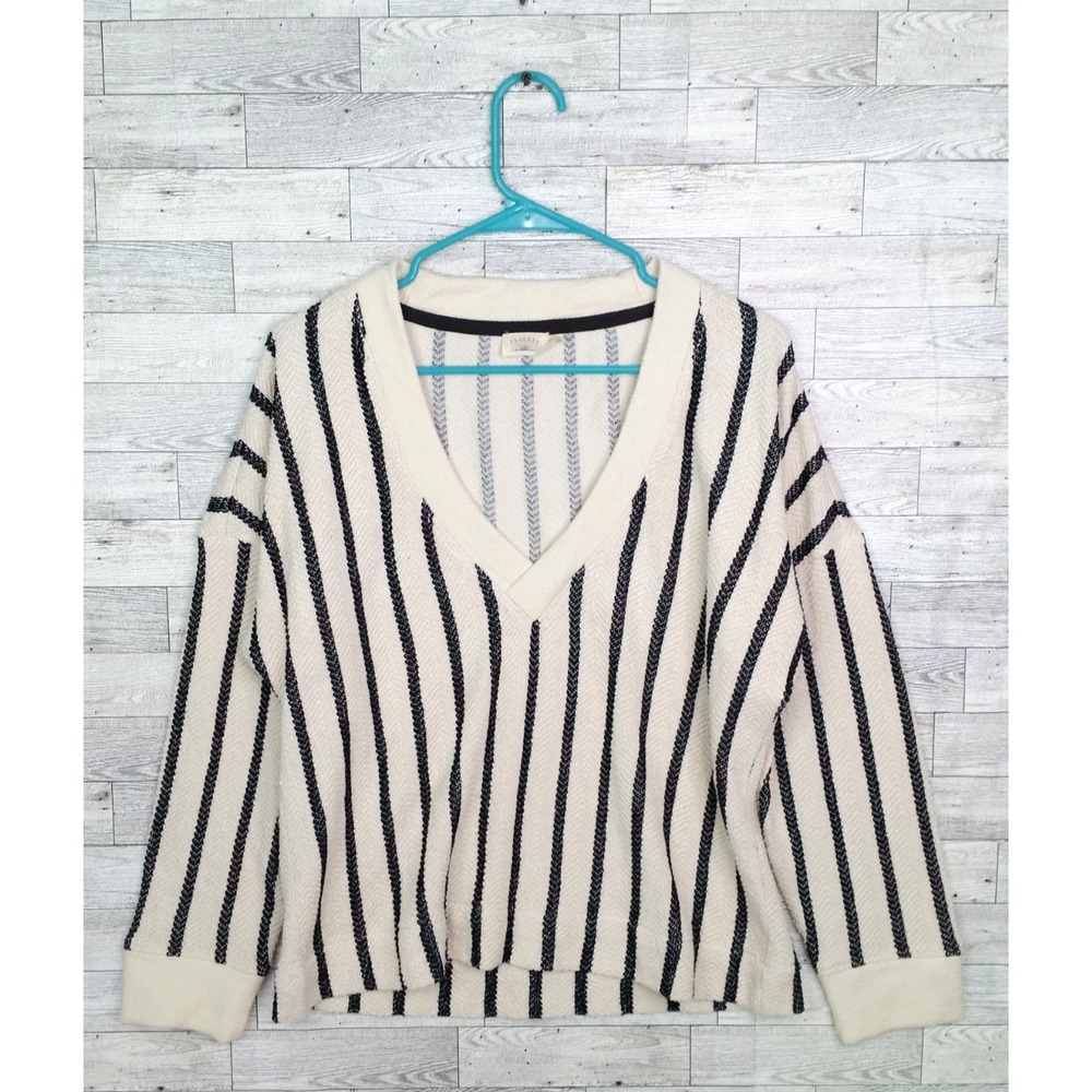 Faherty Dockside V-Neck Sweatshirt Top Ivory Black Moon Shadow Stripe Size Small